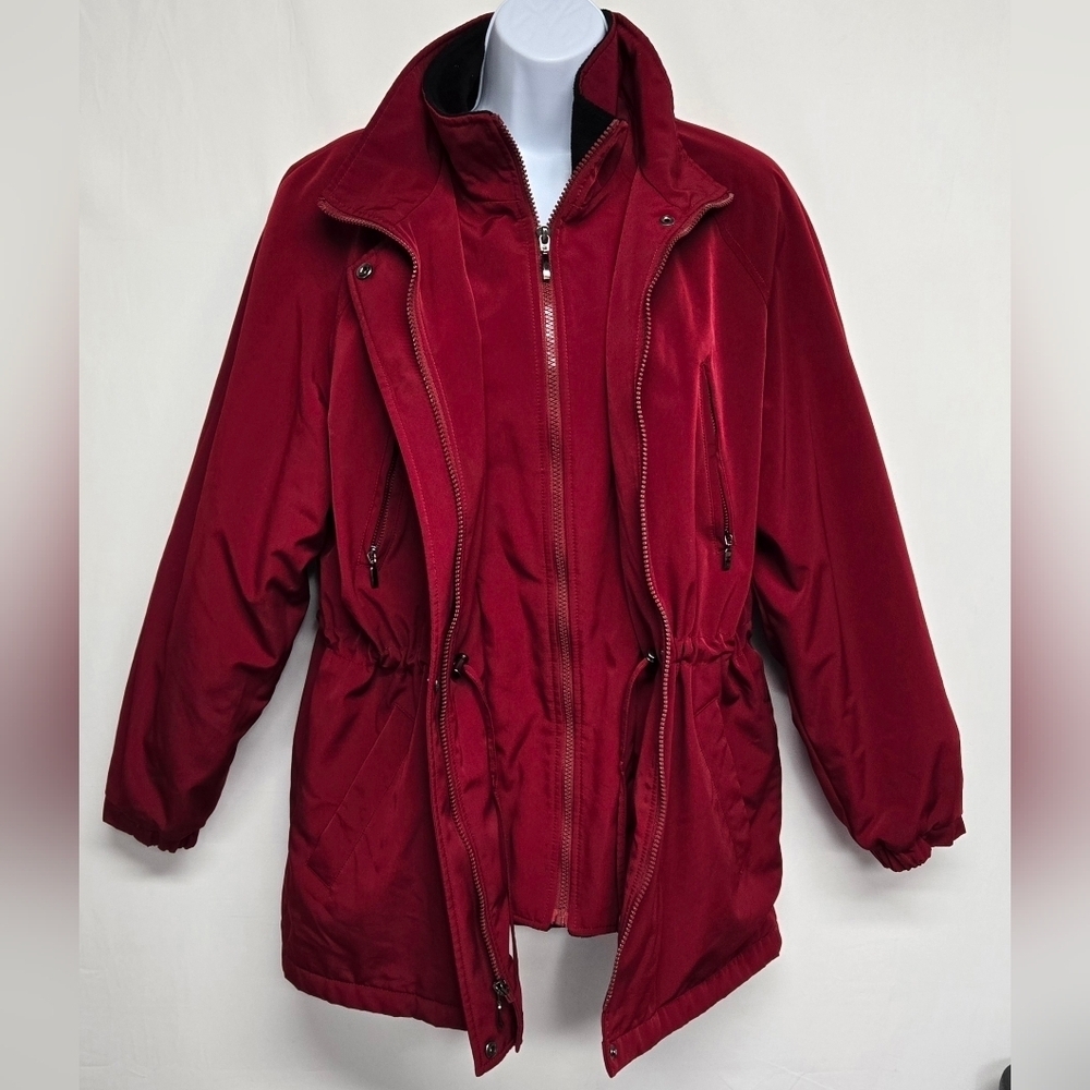 Liz Claiborne S Winter Coat Faux Layered Vest Fleece Drawstring Red Wine - Picture 2 of 12